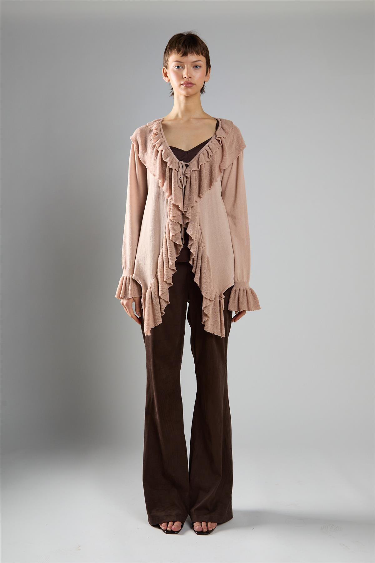 Long Ruffle Cardigan - Beige