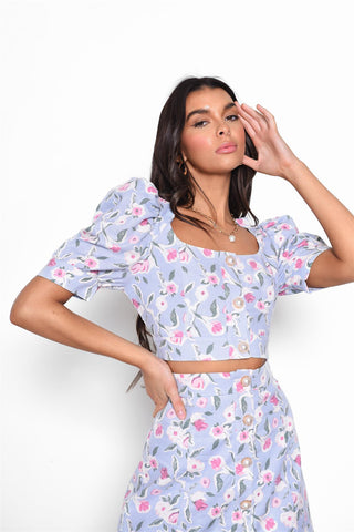Blue-Bloom Short-Sleeve-Button-Up Crop-Top