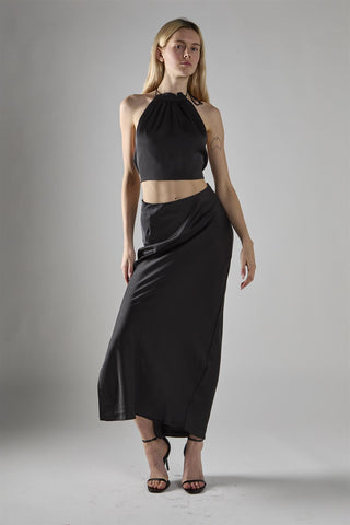 Black Satin Halter-Neck Crop-Top