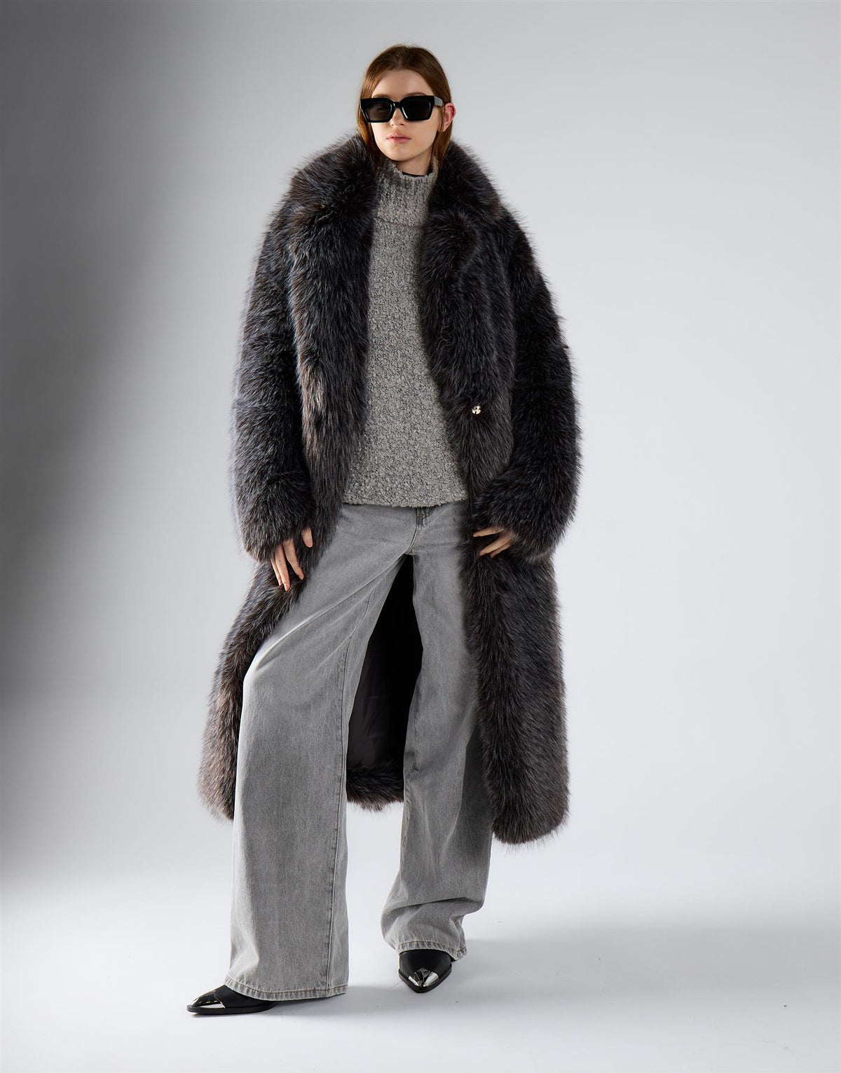 Dark Grey Tipped Fur Tie Waist Coat