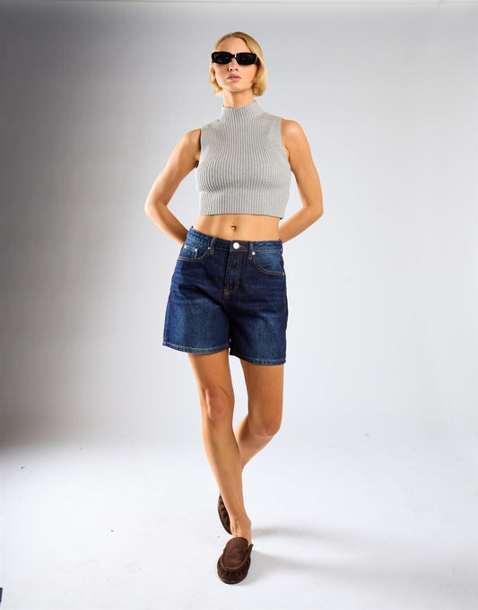 Mid Waist Loose Fit Denim Shorts - Indigo