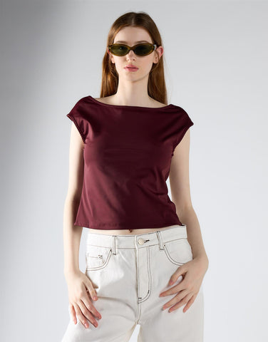 Burgundy Open Square Back Cap-Sleeve Top