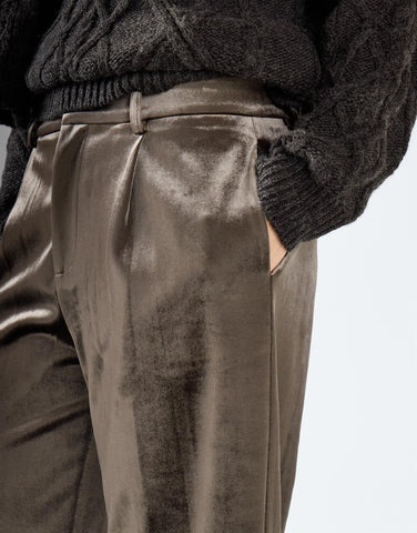 Grey Khaki Pleated Wide-Leg Trousers