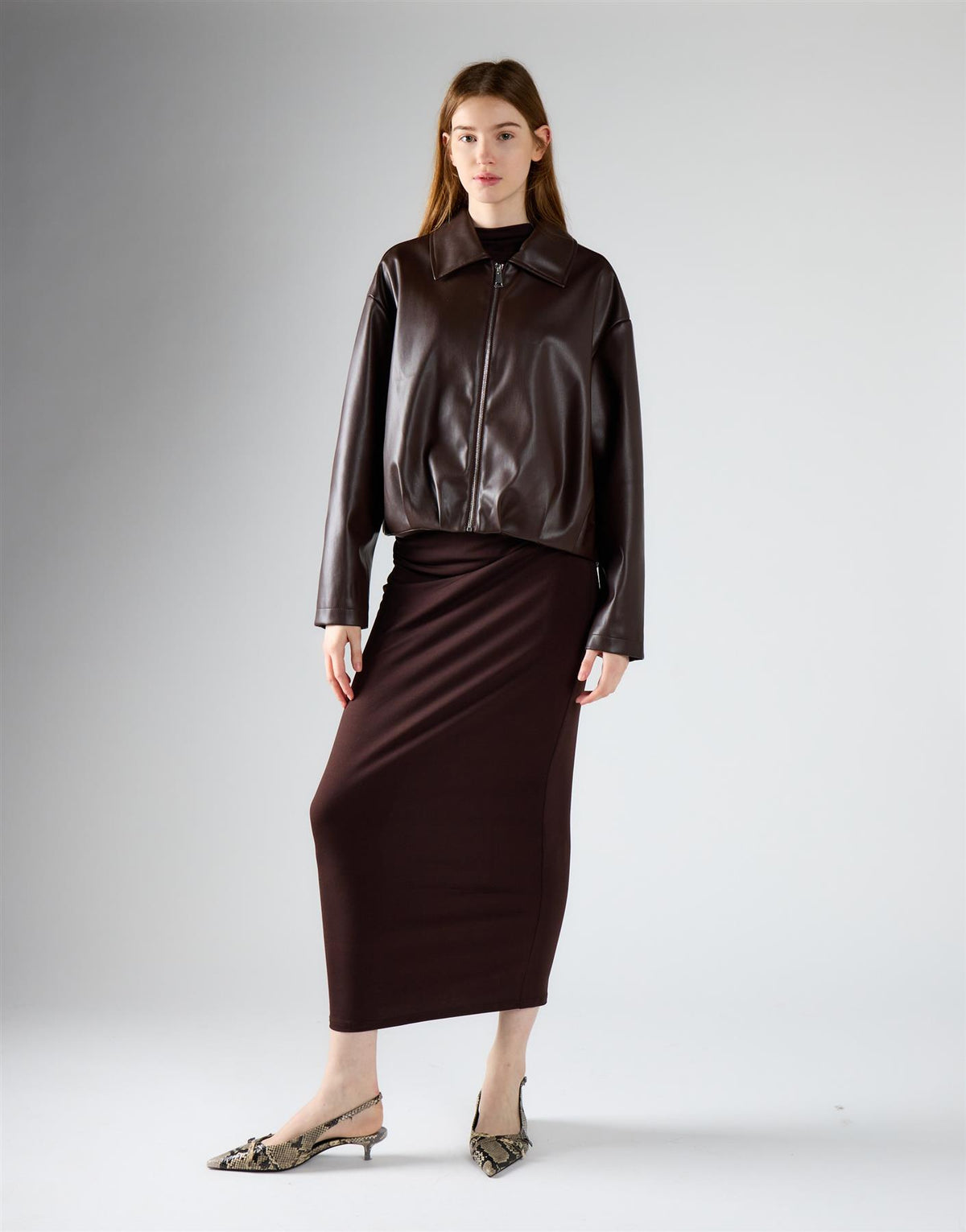 Brown Pu Zip Up Jacket