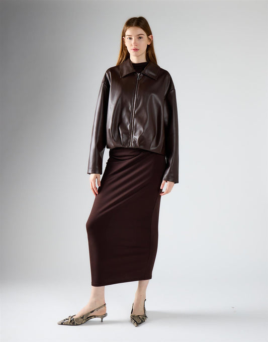 Brown Pu Zip Up Jacket