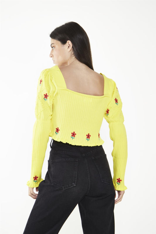 Yellow Floral-Print Long-Sleeve Jumper