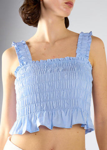 Ruched Frill Crop Top - Light Blue
