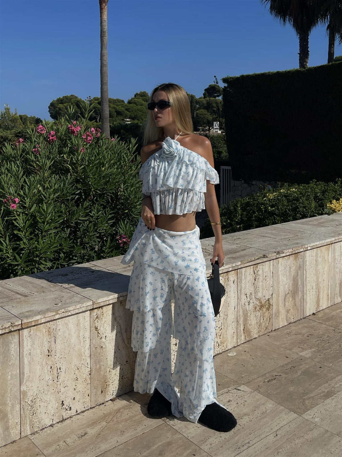 White Sky Blue Ditsy Ruffle Mid-Rise-Trousers