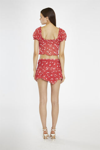 Red Vintage-Floral Milkmaid Crop-Top