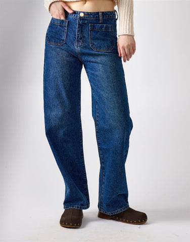 Dark Blue Stonewash Wide Leg Jeans