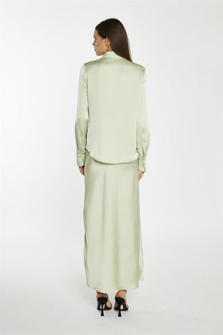 Sage-Satin Bia-Cut Midi-Skirt