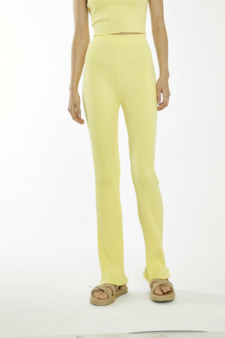 Banana Yellow Ribbed Flare High-Waisted-Trousers