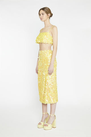 Yellow-Square-Sequin Spaghetti-Strap Crop-Top