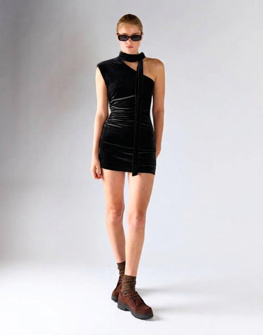 Black Velvet One-Shoulder Mini Dress With Neck-Tie