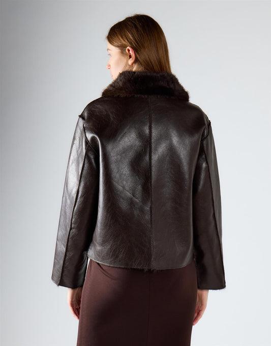 Deep Brown Fur-Collar Leather Jacket
