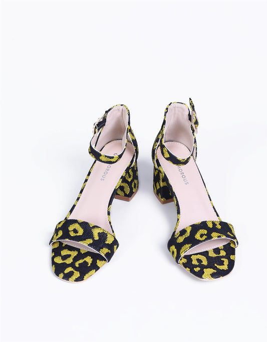 Yellow-Leopard Strappy Heeled-Sandals