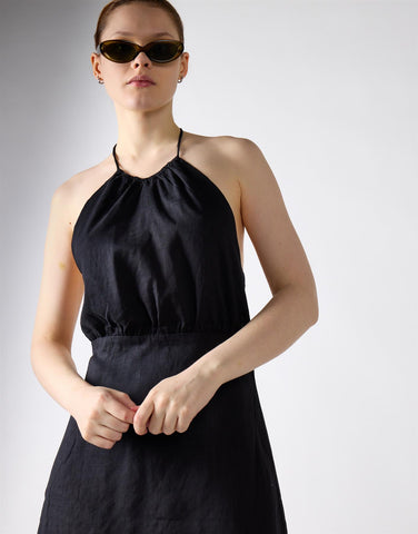 Black Linen Open Tie Back Mini Dress