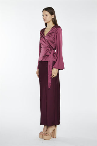 Dark-Raspberry Satin Fluted-Sleeve Wrap-Top