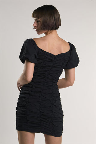 Black Puff-Sleeve-Gathered Mini-Dress