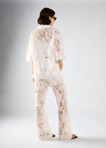White Embroidered Flared High Waisted Trousers