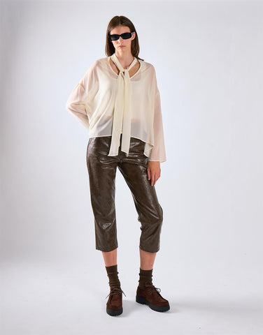 Cream Sheer Tie-Neck Blouse