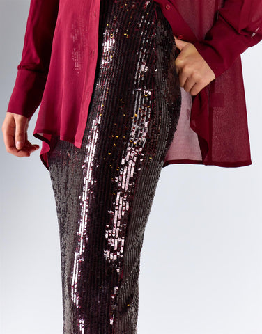 Burgundy Sequin Back Vent Midi Skirt