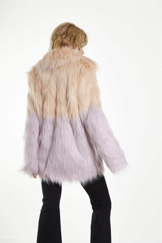 Collared Faux Fur Coat - Pastel Ombre