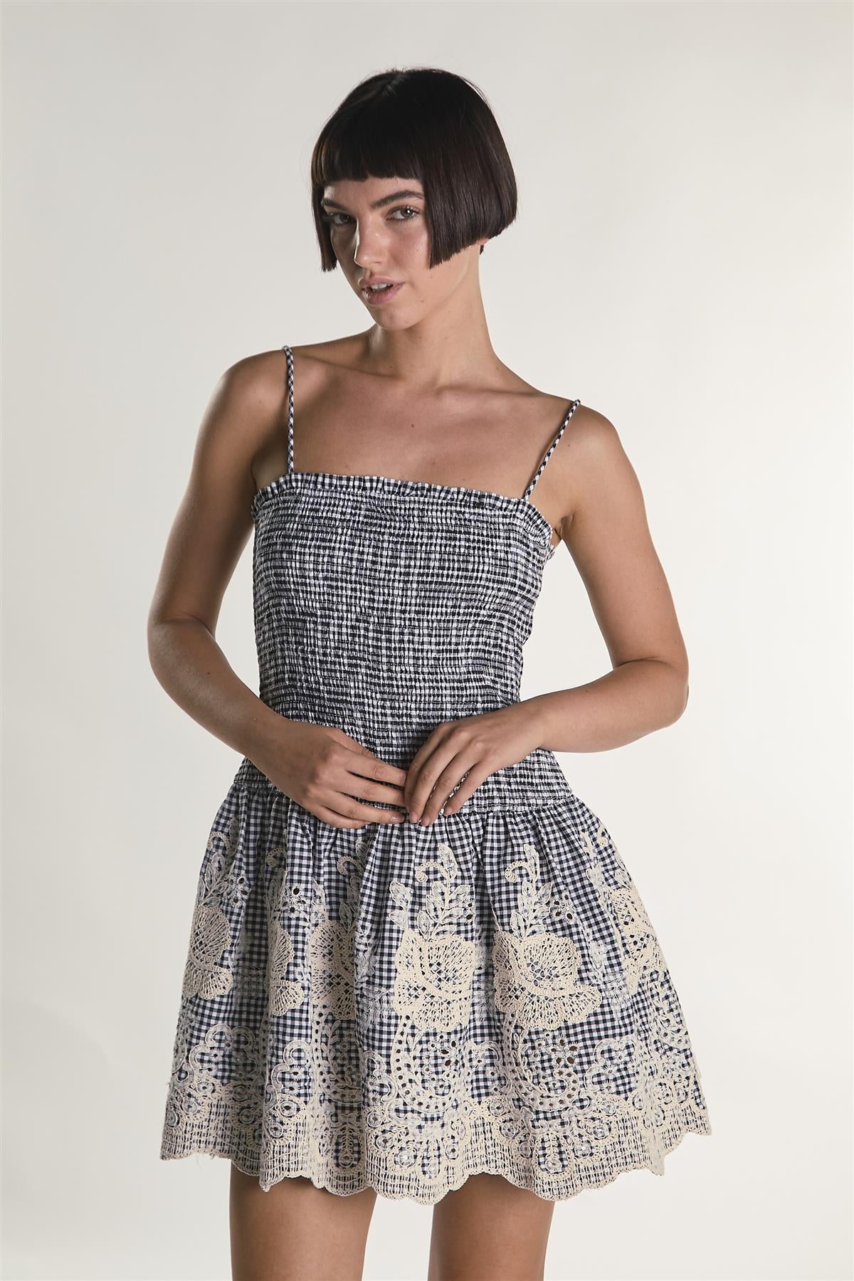 Embroidered Gingham Square Neck Ruched Mini Dress