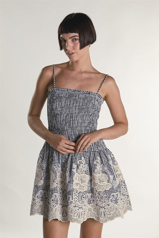 Embroidered Gingham Square Neck Ruched Mini Dress