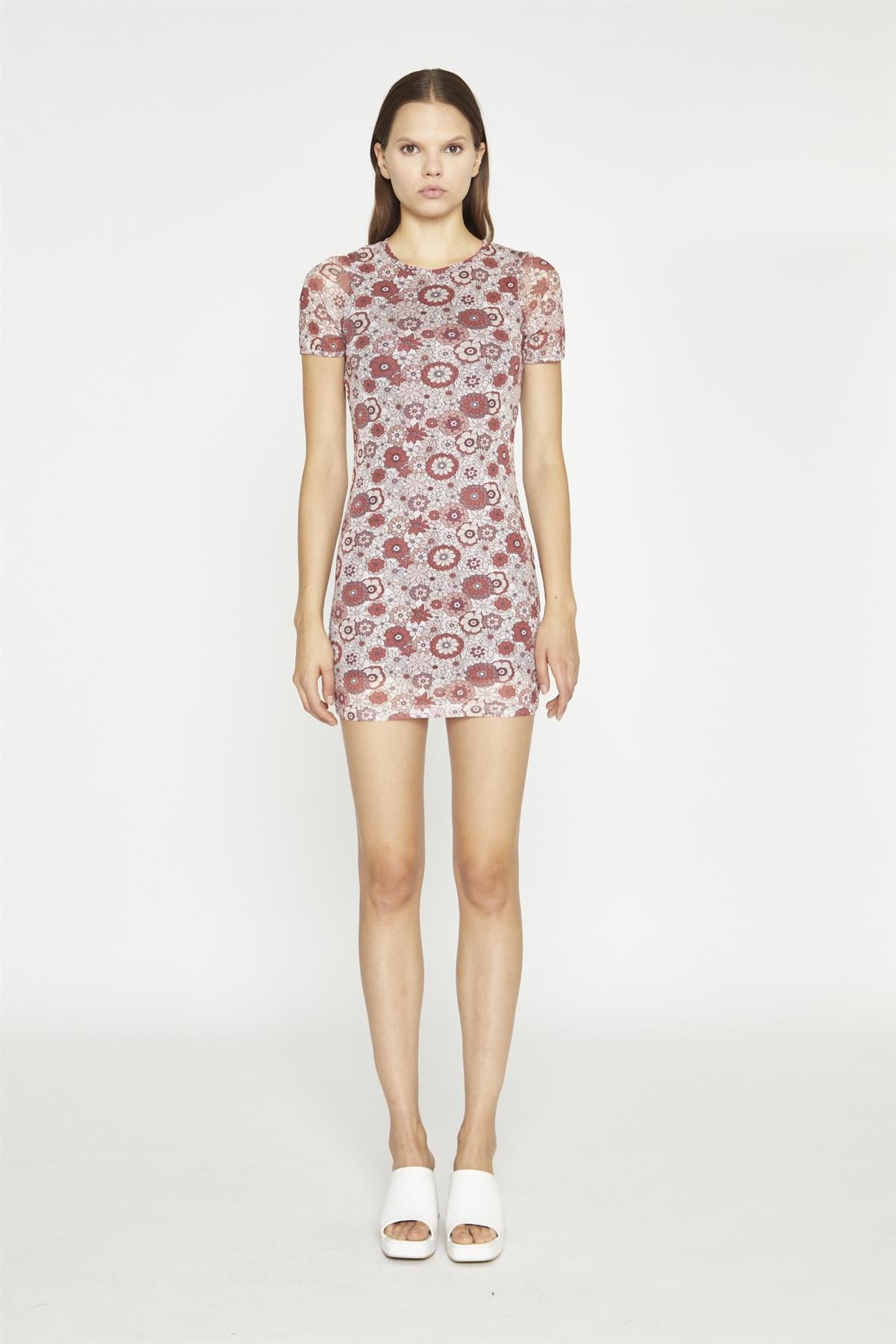 Nude-Brown-Vintage-Floral Body-Con Mini-Dress