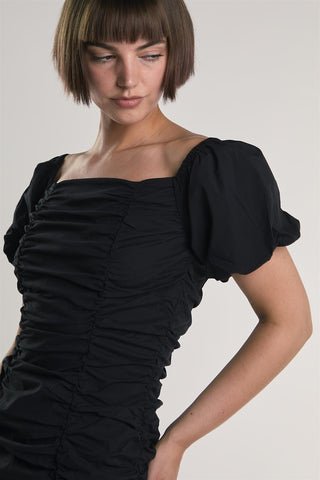 Black Puff-Sleeve-Gathered Mini-Dress