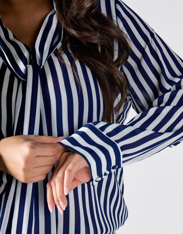 Glamorous Curve Navy Cream Stripe Bow-Collar Blouse