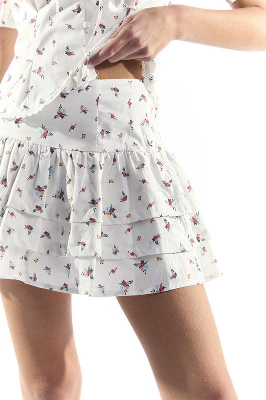 White floral Peplum Mini Skirt with Pin Tucks