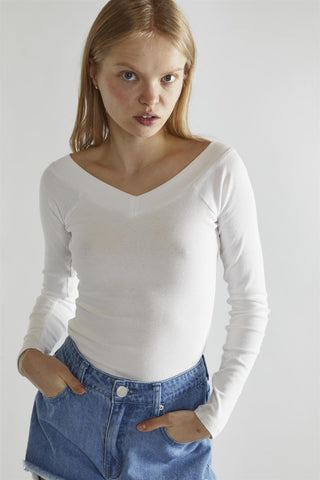 White-Rib V-Neck Long-Sleeve Top