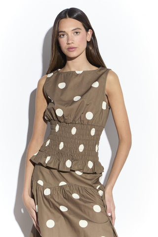 Taupe White Spot Sleeveless Shirred Top