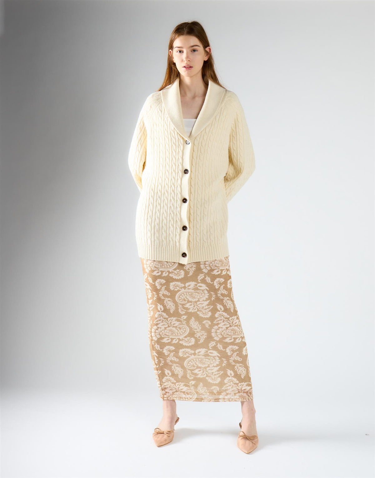 Cream Cable Knit Midi Length Cardigan