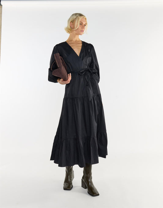 Elegant Black Tiers Wrap Over Maxi Dress
