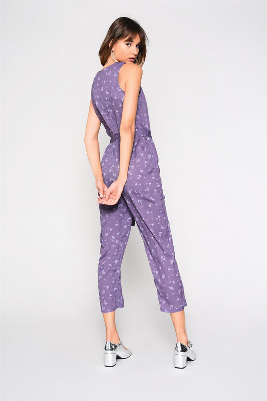 Dusty-Purple Floral Belted Jumpsuit