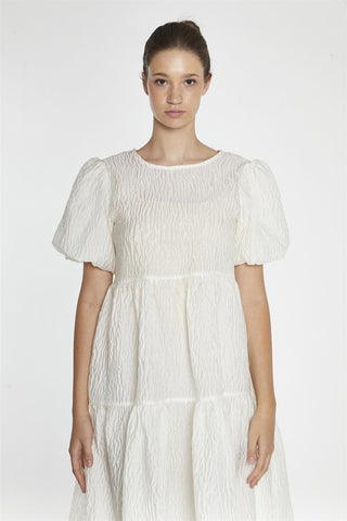 Cream Textured-Brocade Tiered Midi-Dress