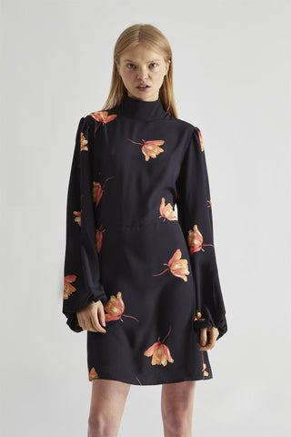 Black-Orange Flowers High-Neck Mini-Dress