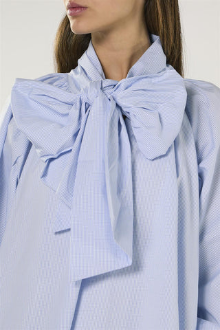 Blue Micro Check Raglan Volume Sleeve Blouse