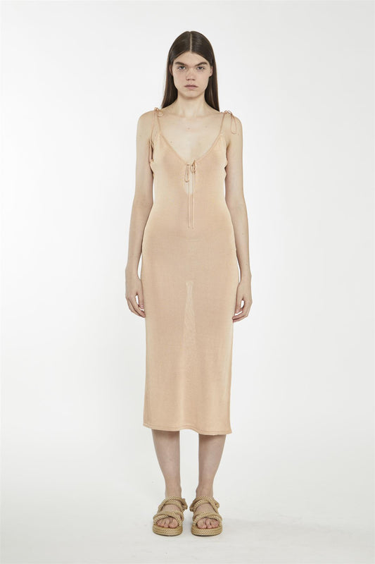 V-Neck Midi Slip Dress - Soft Apricot