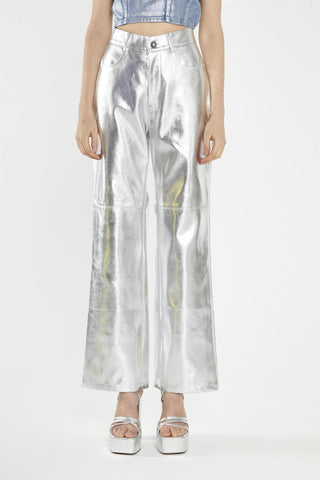 Silver-Pu Wide-Leg Crop-Trousers