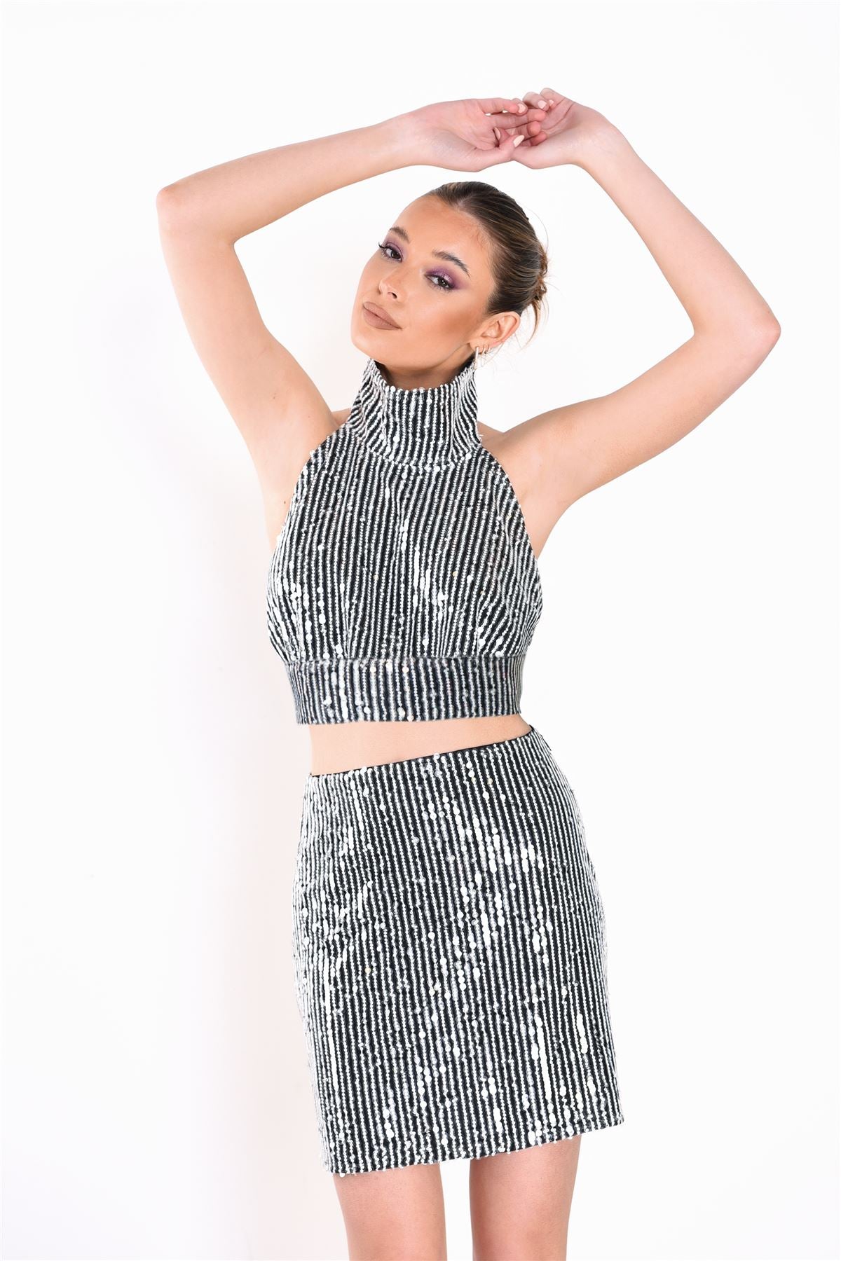 Black White Sequin High Neck Backless Crop Top