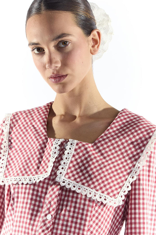Red Gingham Blouse with Oversized Collar and Trim