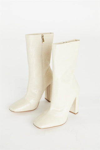 Nude Croc Print Calf High Heeled Boot