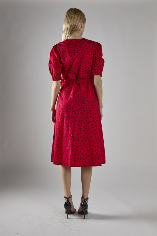 Red Ditsy V-Neck Wrap Midi-Dress