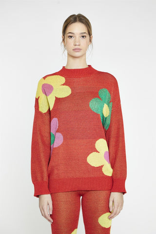 Red Multi Glitter Floral Oversized-Jumper