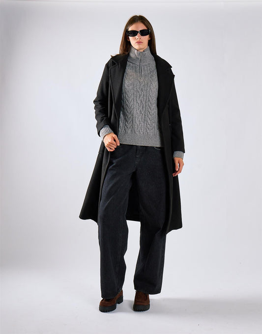 Black Lapel Collar Midi Coat