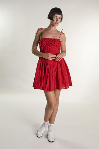 Red Broderie Tie Strap Mini Dress